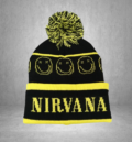 Черна зимна мъжка шапка с жълта бродерия на Nirvana и помпон