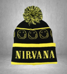 Черна зимна мъжка шапка с жълта бродерия на Nirvana и помпон
