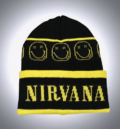 Черна зимна мъжка шапка Nirvana с жълт надпис и усмихнати лица