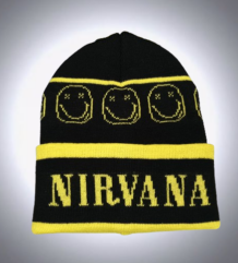 Черна зимна мъжка шапка Nirvana с жълт надпис и усмихнати лица