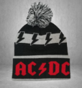 Мъжка зимна шапка AC/DC в черно и сиво с червено лого и помпон