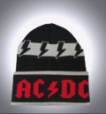 Черна зимна мъжка шапка AC/DC с червен надпис и сиви светкавици