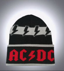 Черна зимна мъжка шапка AC/DC с червен надпис и сиви светкавици