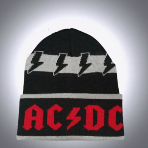 Черна зимна мъжка шапка AC/DC с червен надпис и сиви светкавици