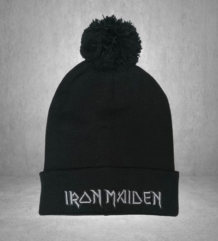 Мъжка зимна шапка Iron Maiden в черно със сиво 3D лого и помпон
