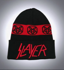 Черна зимна мъжка шапка Slayer с червена ивица и пентаграми