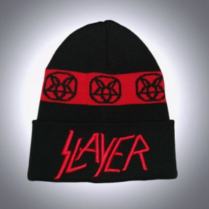 Черна зимна мъжка шапка Slayer с червена ивица и пентаграми
