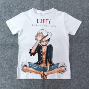 Лице на бяла детска аниме тениска one piece с голям принт на Монки Д. Луфи