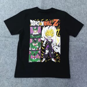 Гръб на черна аниме тениска dragon ball с голям цветен принт на Гохан и Сел