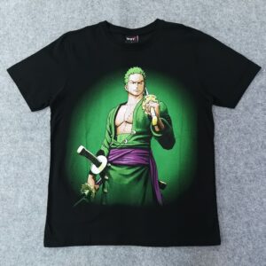 Черна памучна аниме тениска Ророноа Зоро от One Piece със зелен детайлен принт