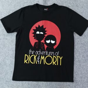 Черна памучна аниме тениска Rick and Morty силует с голям червено жълт принт