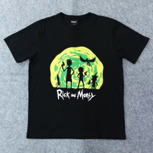 Черна памучна аниме тениска Rick and Morty портал със зелен принт и черни силуети