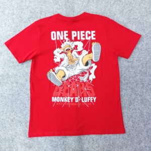 Гръб на червена тениска One Piece с голяма щампа на Луфи Gear 5