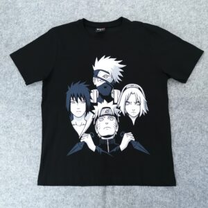 Черна памучна тениска Наруто Team 7 с графичен принт на Наруто Саске Сакура и Какаши