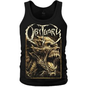 Мъжки черен потник на Obituary с голямо златисто лого и чудовищна фигура