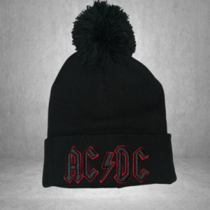 Черна плетена зимна мъжка шапка AC/DC с черен помпон и бродерия