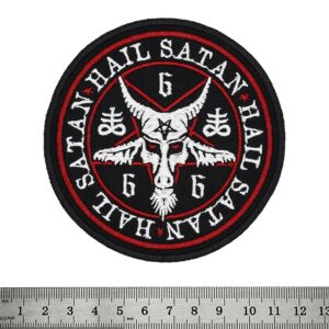Кръгла бродирана метъл нашивка Hail Satan с пентаграма и Бафомет