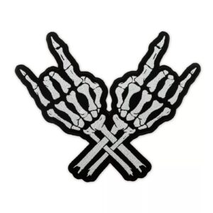 Голяма везана рокерска нашивка за елек със скелетни ръце Rock On поздрав