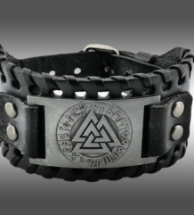 Кожена гривна с Valknut с руни, викинг гривна
