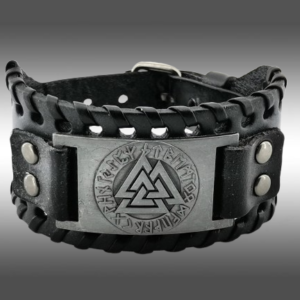 Кожена гривна с Valknut с руни, викинг гривна
