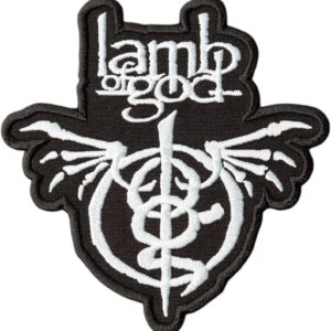 Официална черна нашивка на Lamb of God с бяло бродирано лого и символ