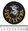 Кръгла метъл нашивка Sepultura Logo с жълти и бели конци