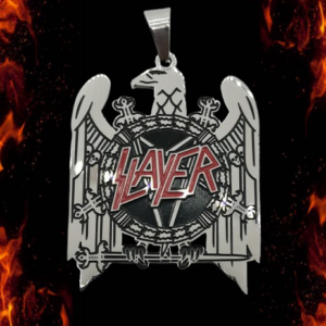 Медальон Slayer от медицинска стомана с червен надпис и огнен фон