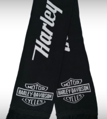 Черен зимен шал Harley-Davidson със сиви надписи, лога и черни ресни