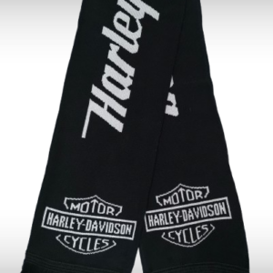 Черен зимен шал Harley-Davidson със сиви надписи, лога и черни ресни