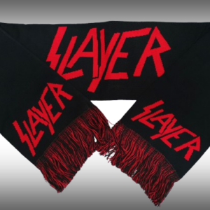 Черен зимен шал Slayer с червен надпис, бели графични лога и червено-черни ресни