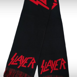 Зимен шал Slayer – Черен с червен надпис и червено-черни ресни - Hover Image