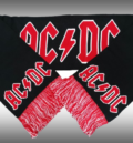 Черен зимен шал AC/DC с червено-бял надпис и смесени бяло-червени ресни