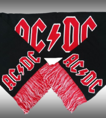 Черен зимен шал AC/DC с червено-бял надпис и смесени бяло-червени ресни