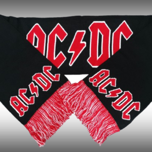 Черен зимен шал AC/DC с червено-бял надпис и смесени бяло-червени ресни