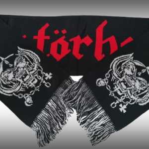 Черен зимен шал Motorhead с червен надпис, бели графики Snaggletooth и ресни