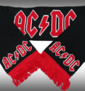Черен зимен шал AC/DC с червено-бял надпис и червени ресни