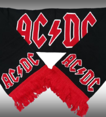 Черен зимен шал AC/DC с червено-бял надпис и червени ресни
