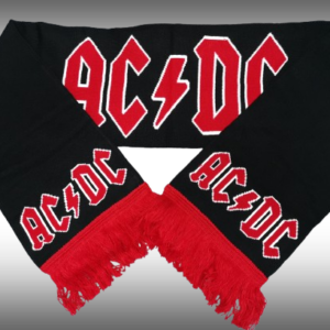 Черен зимен шал AC/DC с червено-бял надпис и червени ресни