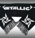 Черен зимен шал Metallica с бял надпис, лога нинджа звезда и ресни