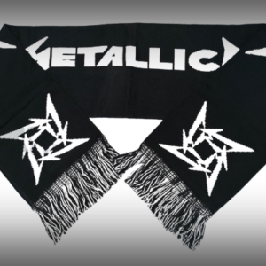 Черен зимен шал Metallica с бял надпис, лога нинджа звезда и ресни