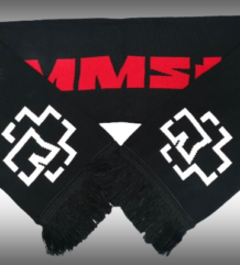 Черен зимен шал Rammstein с червен надпис, бели лога и черни ресни