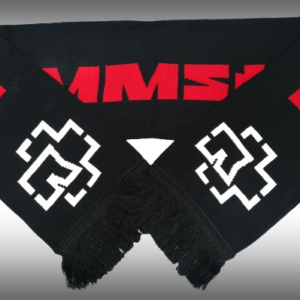 Черен зимен шал Rammstein с червен надпис, бели лога и черни ресни