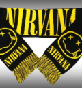 Черен зимен шал Nirvana с жълт надпис, жълти смайлита и жълто-черни ресни