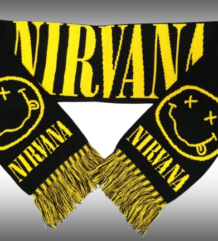 Черен зимен шал Nirvana с жълт надпис, жълти смайлита и жълто-черни ресни