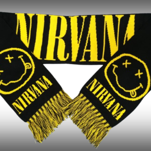 Черен зимен шал Nirvana с жълт надпис, жълти смайлита и жълто-черни ресни