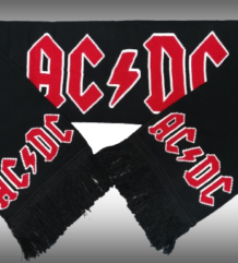 Черен зимен шал AC/DC с голямо червено-бяло лого и черни ресни в краищата
