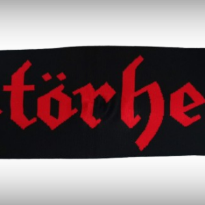 Зимен шал Motorhead – Черен с червен надпис и изцяло черни ресни - Hover Image