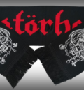 Черен зимен шал Motorhead с червен надпис, бели графики и черни ресни