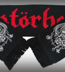 Черен зимен шал Motorhead с червен надпис, бели графики и черни ресни