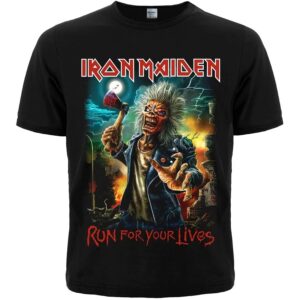 Черна метъл тениска Iron Maiden Run For Your Lives с щампа на Еди с брадва
